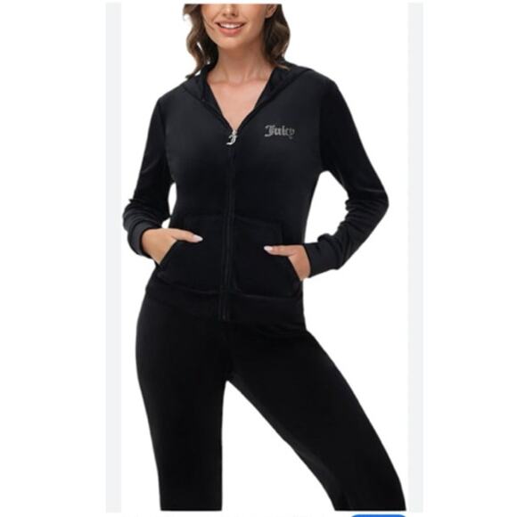 Vintage Y2K Juicy Couture Velour Tracksuit Jacket Jogger Set Black M - Picture 1 of 8